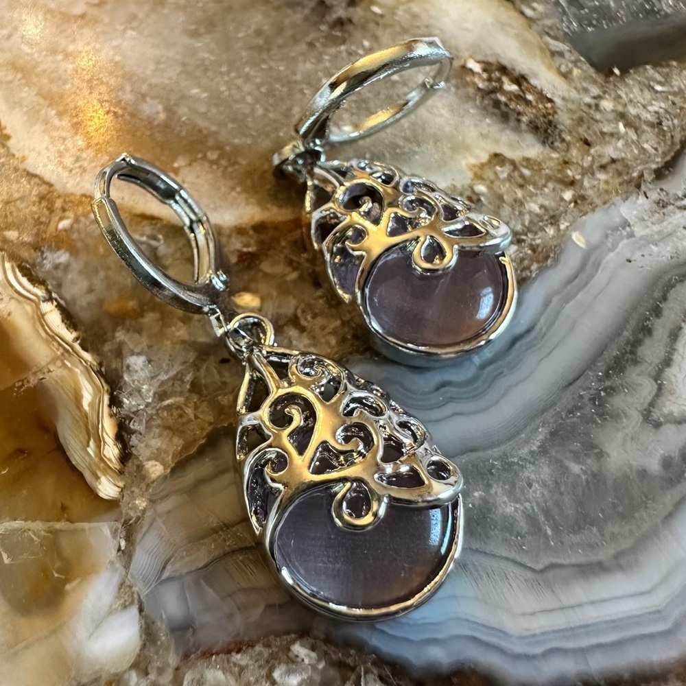 3151 Intricate Silver and Purple Drop Earrings